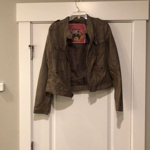 Tan faux leather jacket.
